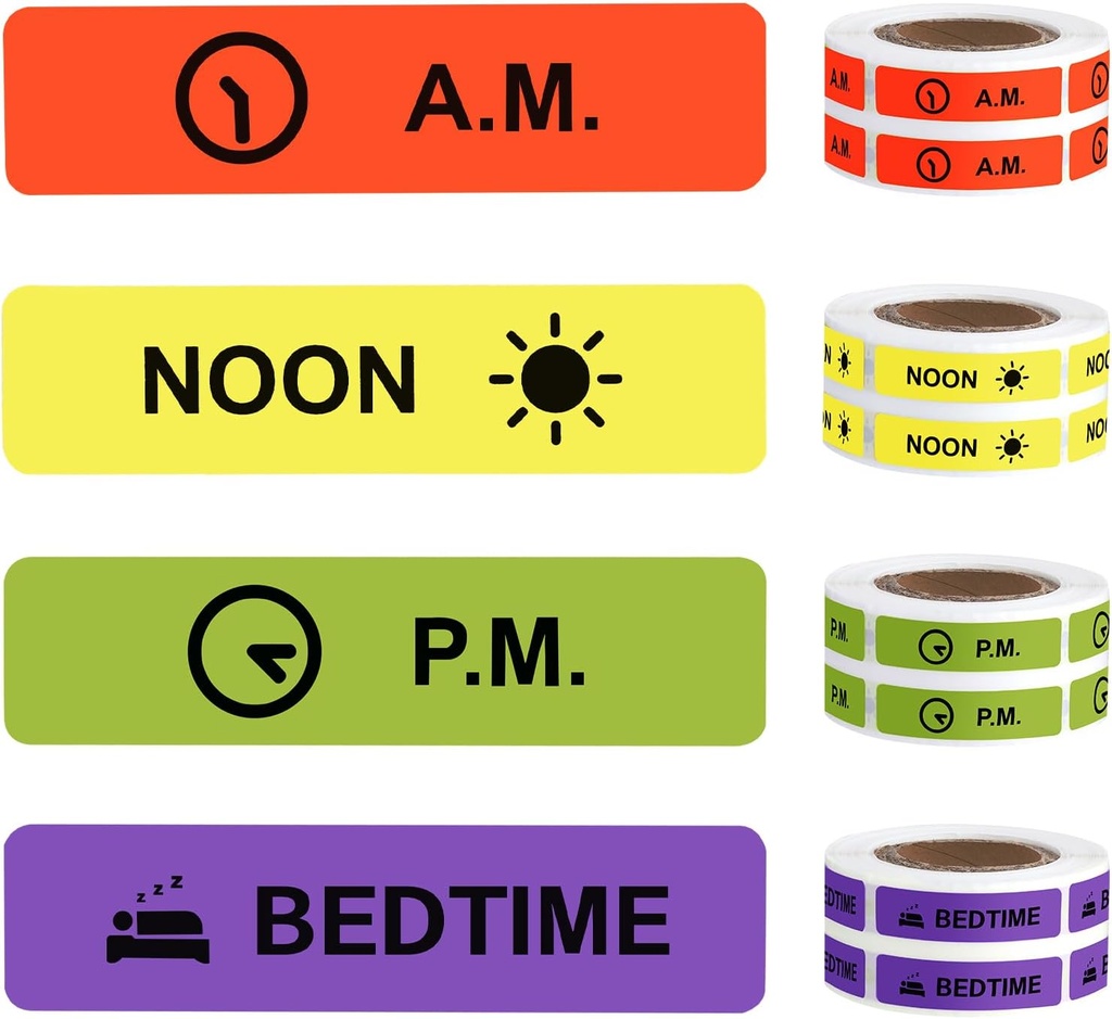 Ravimikleebised Ravimijuhis Püsiv paber Silt AM NOON PM Bedtime for Pill case Planner 0,4 * 1,6 tolli (500 per Roll 4 Pack)
