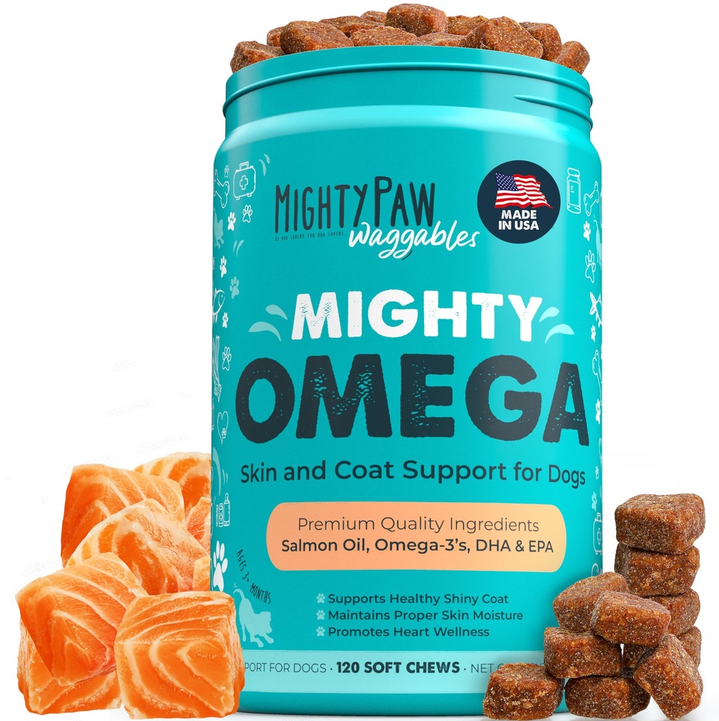 Mighty Paw Waggables Mighty Omega (Made in the USA, 120 Count) | Omega 3 Fish Oil Chew for Dogs. Lõhe maitse Naha ja Coat Supplement. Soft Chew Fish Oil for Dogs - DHA & EPA, Bacon Flavor