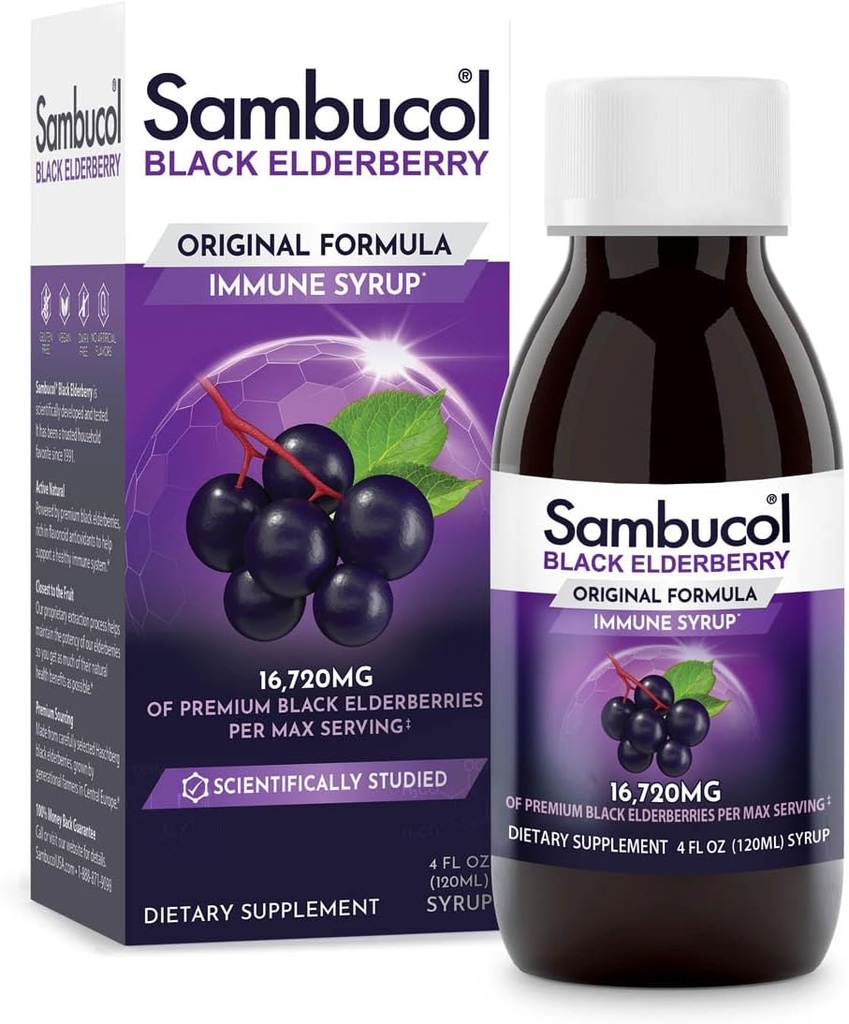 Sambucol Black Elderberry Syrup - Sambucus Elderberry Syrup, Black Elderberry Liquid, Immune Support, Elderberry Syrup lastele ja täiskasvanutele, kõrged antioksüdandid, Gluteenivaba - algne valem, 4 Fl Oz