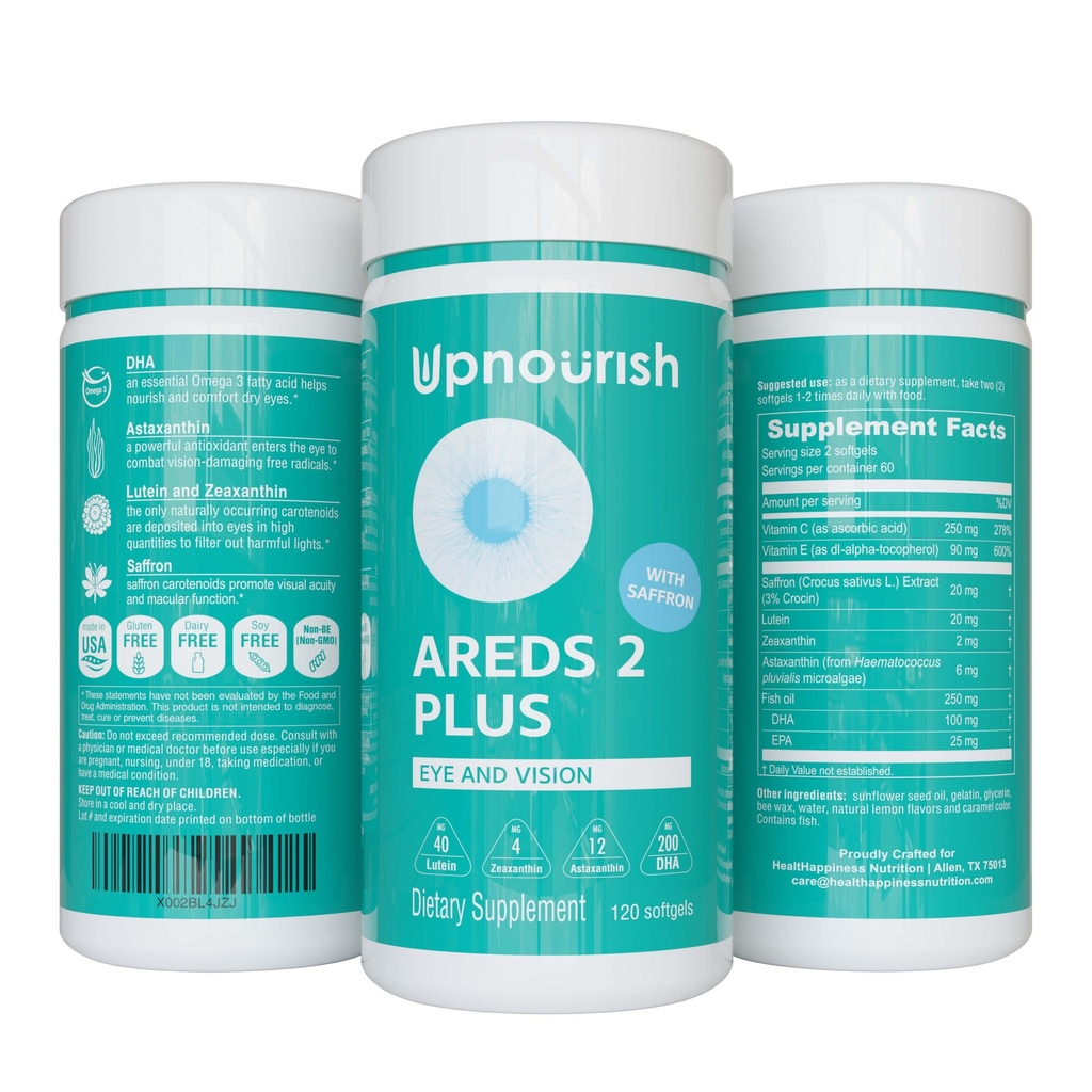 UpNourish AREDS 2 Plus Eye Vitamin Supplement, AREDS 2 tsingivaba valem luteiini, tseaksantiini, safrani, astaksantiini ja DHA - 120 pehmegeeliga