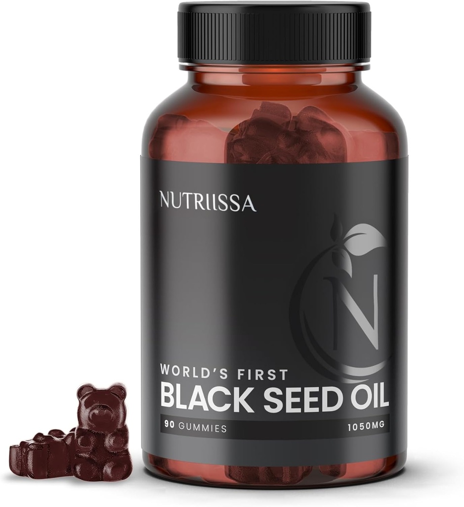 Nutriissa Black Seed Oil + Elder Berry Gummies – Cold-Pressed Black Cumin Seed Nigella Sativa Oil – EPEB Certified for Purity & Potency – 90 Blueberry Maitsestatud Vegan Gummies