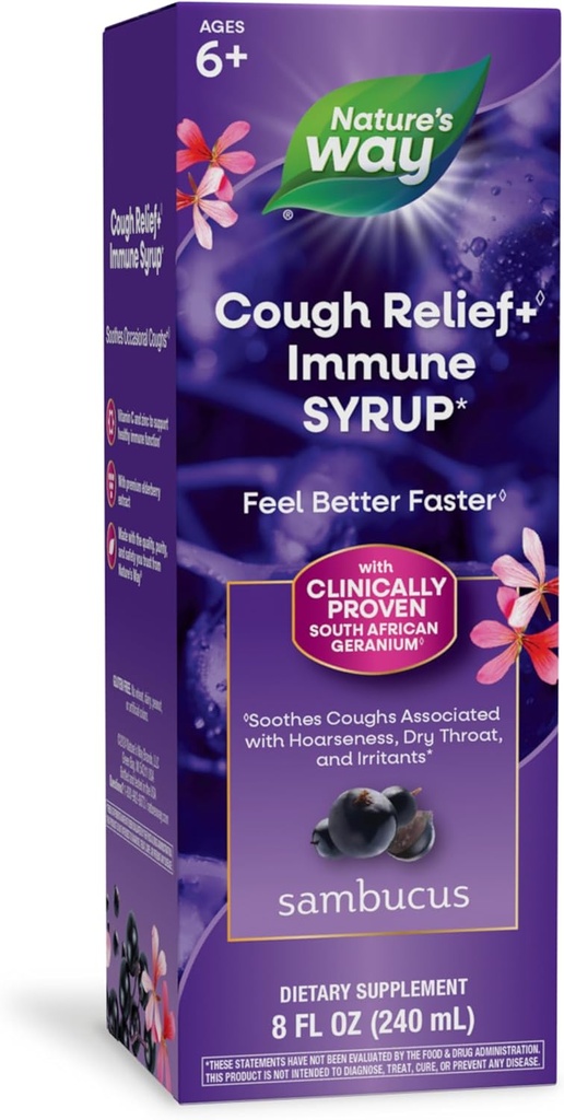 Nature's Way Sambucus Cough Relief + (1) Immune Syrup *, Feel Better Faster(1), kliiniliselt tõestatud Lõuna-Aafrika Geranium, Elderberry Extract, C-vitamiin ja tsink, 8 Oz (pakendamine võib varieeruda)