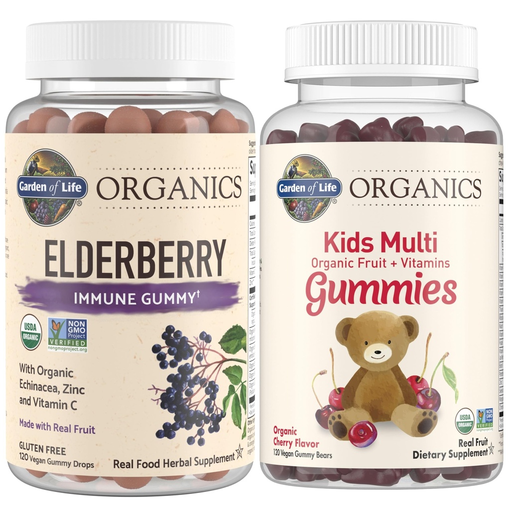 Life Garden Organics Kids Immune Bundle - Elderberry Immune Support Gummies (120 Count) + Certified Organic Kids Multivitamiini Gummies, Non-GMO, Gluteenivaba, Kirss (120 Count)