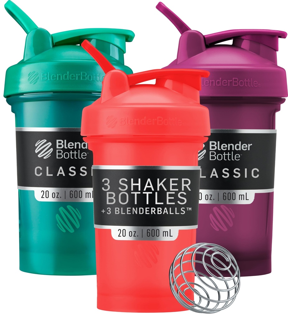 BlenderBottle Classic V2 Shaker Bottle Ideaalne valgu raputamiseks ja enne treeningut, 20-kordne (3 Pack), punane, roheline, plum