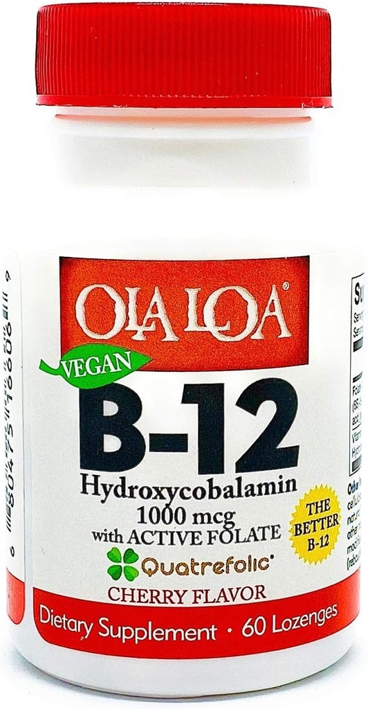 Ola Loa Vitamiin B12 Sublingual Cherry Dietary Supplement - HydroxyCobalamin, Active Folate, Vegan valem - Edendada oma keha energia, närvi ja aju toetust - 60 tabletti