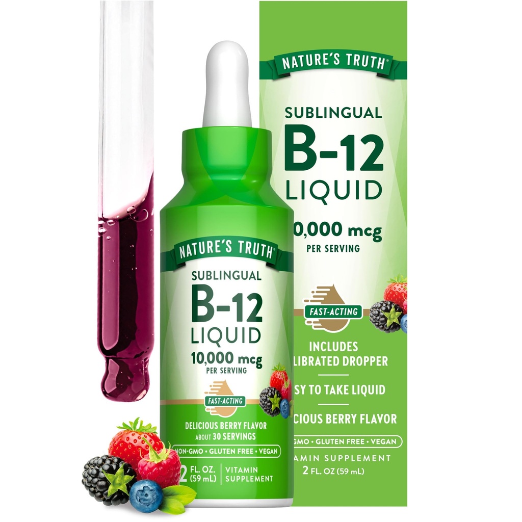 Nature's Truth B12 Sublingual Vedel tilgad | 10 000 mcg | 2 oz | Fast Acting | Vegan, Non-GMO & Gluten Free