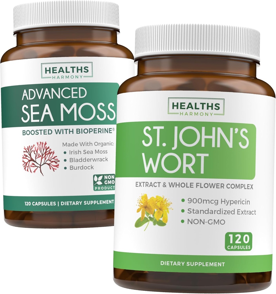 Sea Moss & St. John's Wort (2-kuuline pakkumine) Mood Moss Blend - Orgaaniline Iiri Sea Moss - Toores Vegan Supplement (120 kapslit) & Naistepuna võimas 900mcg Hüperitsiin Vegan Non-GMO (120 kapslit)