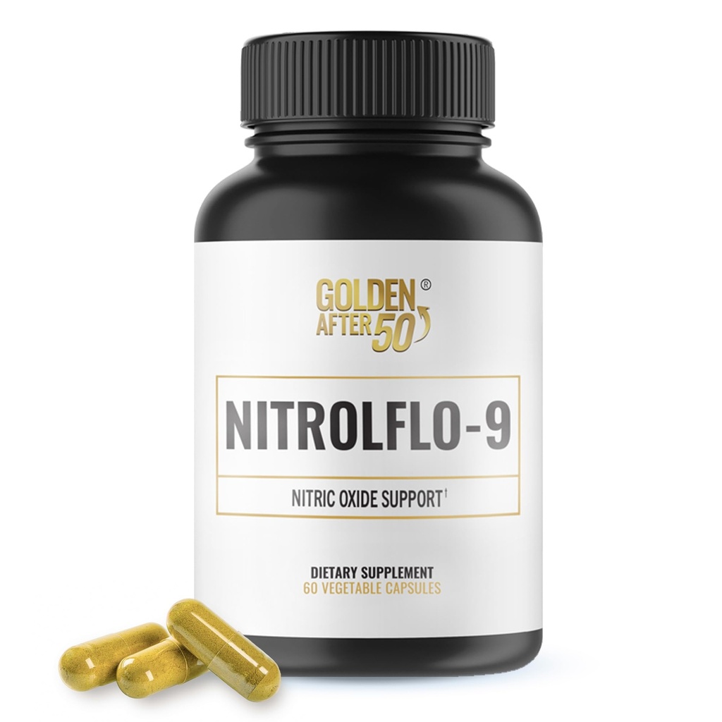 Kuldne pärast 50 nitrolFlo-9 - looduslikult toodetud lämmastikoksiidi lisandi granaatõuna ekstrakti, viinamarjaseemne ja S7® - toetab toitainete ringlust ja optimaalset energiat - 60 kapslit