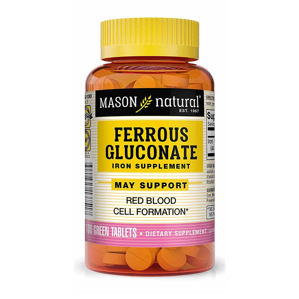Mason Natural Ferrous Gluconate - toetab punaste vereliblede moodustumist, õrn kõhu raualisandil, 100 tabletti
