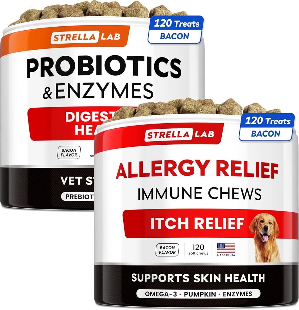 Vet Tugevus probiootikumid + allergia leevendus koertele Komplekt - näritav kiudainelisand + sügelev nahahooldus - seedeensüümid + kõrvits - Upset kõht Relief + Hotspot Relief - 240 ct - valmistatud USA-s