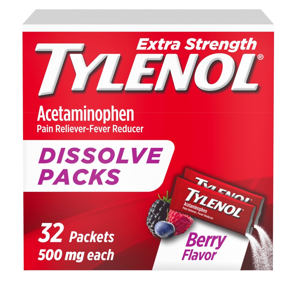Tylenol Extra Tugevus Lahustuv Pulberpakendid, 500 mg Acetaminophen Pain Reliever & Palavik Vähendaja Meditsiin, Kiire leevendus väiksematele valudele ja valudele, Ibuprofeen & Aspiriinivaba, On-the-Go Berry Flavor, 32 Ct