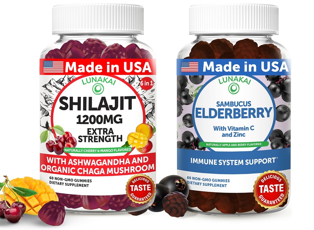 Lunakai USA Made Shilajit & Elderberry Gummies Bundle - energia ja immuunsuse tugi - mitte-GMO & Delicious