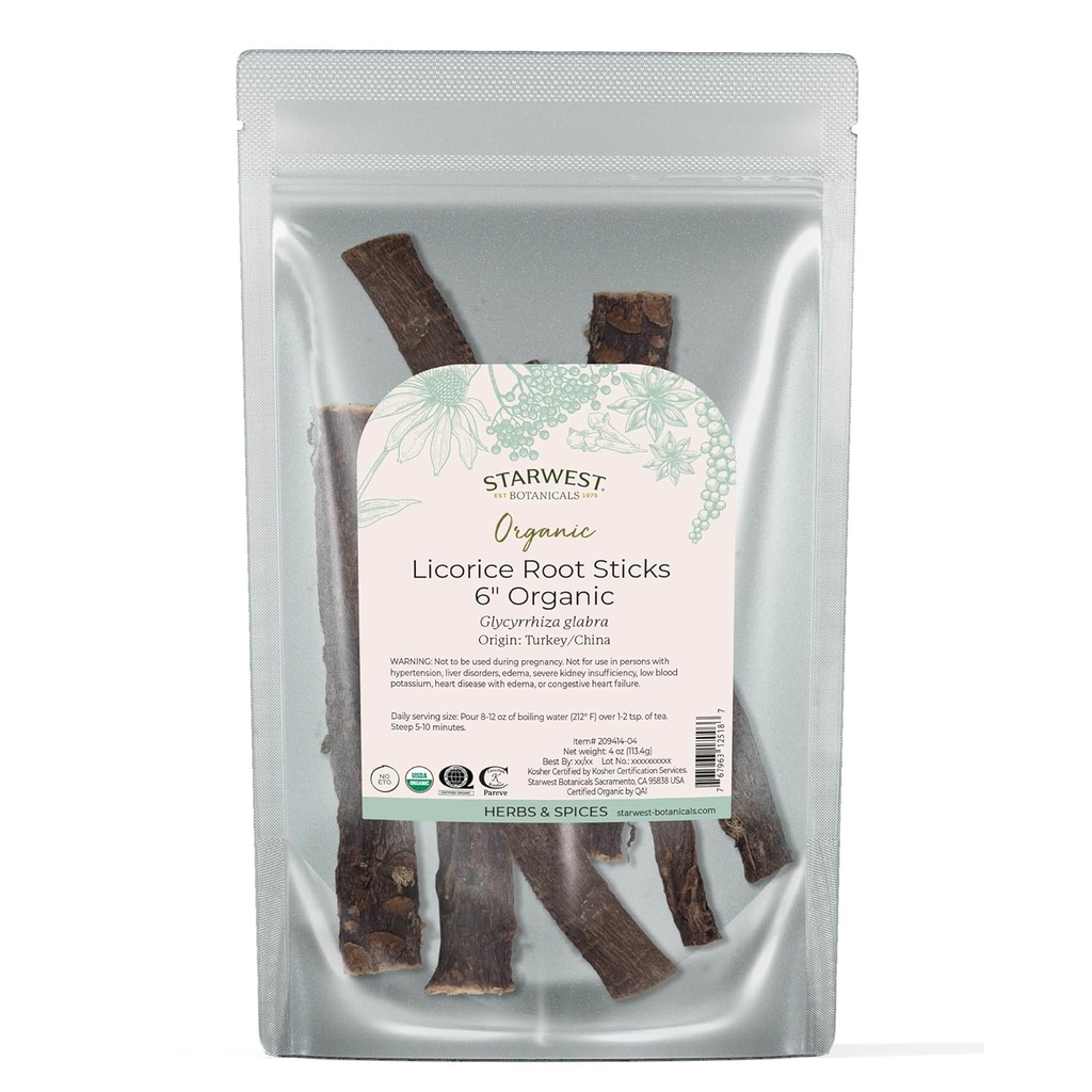 Starwest Botanicals Orgaaniline kuivatatud lagritsa juurikaikad 6" - maitsetaimed lahtise lehe tee segud, kommid ja küpsetatud kaubad, lõigatud ja sifted, sertifitseeritud Kosher, Non-GMO - 4 oz Pouch