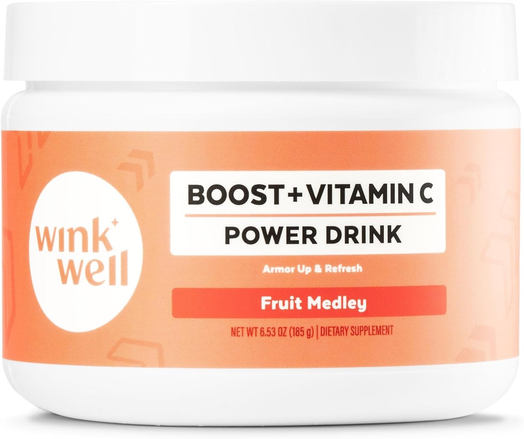 Wink Well Boost C-vitamiini pulber energiajook immuunsuse suurendamiseks ja antioksüdandiks sisaldab C-vitamiini 100% puhast askorbiinhapet, D3-vitamiini kolekaltsiferool magneesiumi ja tsink 30 serveerimist