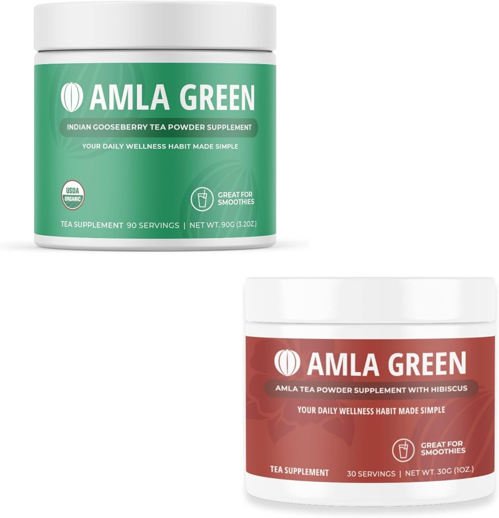 Amla Powder & Green Tea Superfood Supplement, Antioksüdant Toetus, valmistatud India karusmarjad (90 portsjonit) ja Hibiscus (30 portsjonit), Mahe-, Vegan