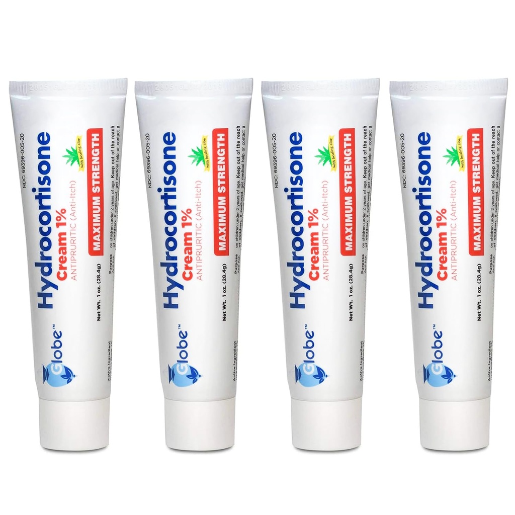 Globe (4 Pack) Hydrocortisone Maximum Strength Anti-Itch Cream 1% w/Aloe, Intensive Formula for Redness, Lööve, Bug & Mosquito Bites, Ekseem, Hemorroidid, Sensitive Skin, Instant Itch Relief, 1 oz Tube