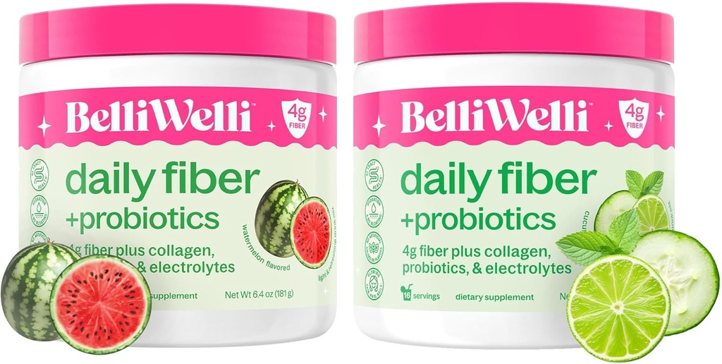 Belli Welli Daily Fiber Supplement Bundle - Kurgi lubi Mint & Arbuus - kollageeni, probiootikumide ja elektrolüütide - värskendav Wellness Maitsed, 32 Kokku Servings