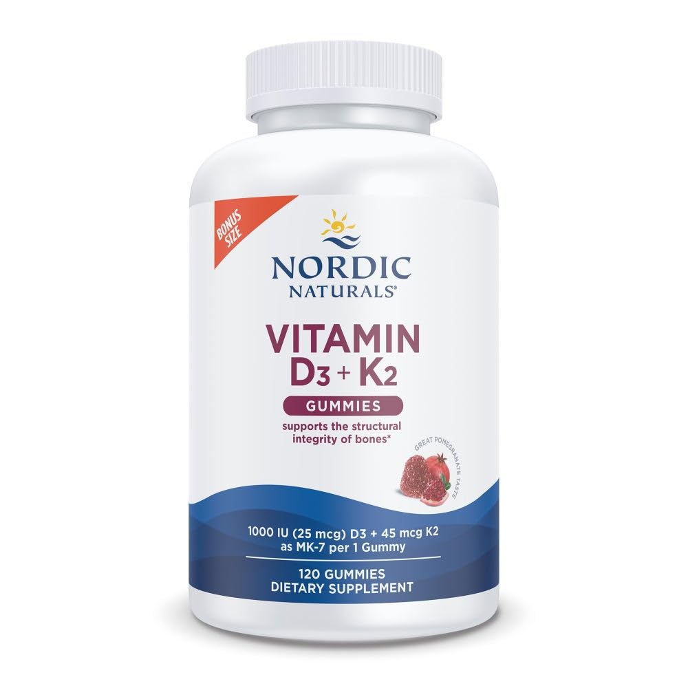 Nordic Naturals Vitamiin D3 + K2 Gummies, Granaatõuna - 120 Gummies - 1000 IU Vitamiin D3 + 45 mcg K2-Suur maitse - Luude tervis, soodustab tervislikku lihaste funktsiooni - Non-GMO - 120 Servings