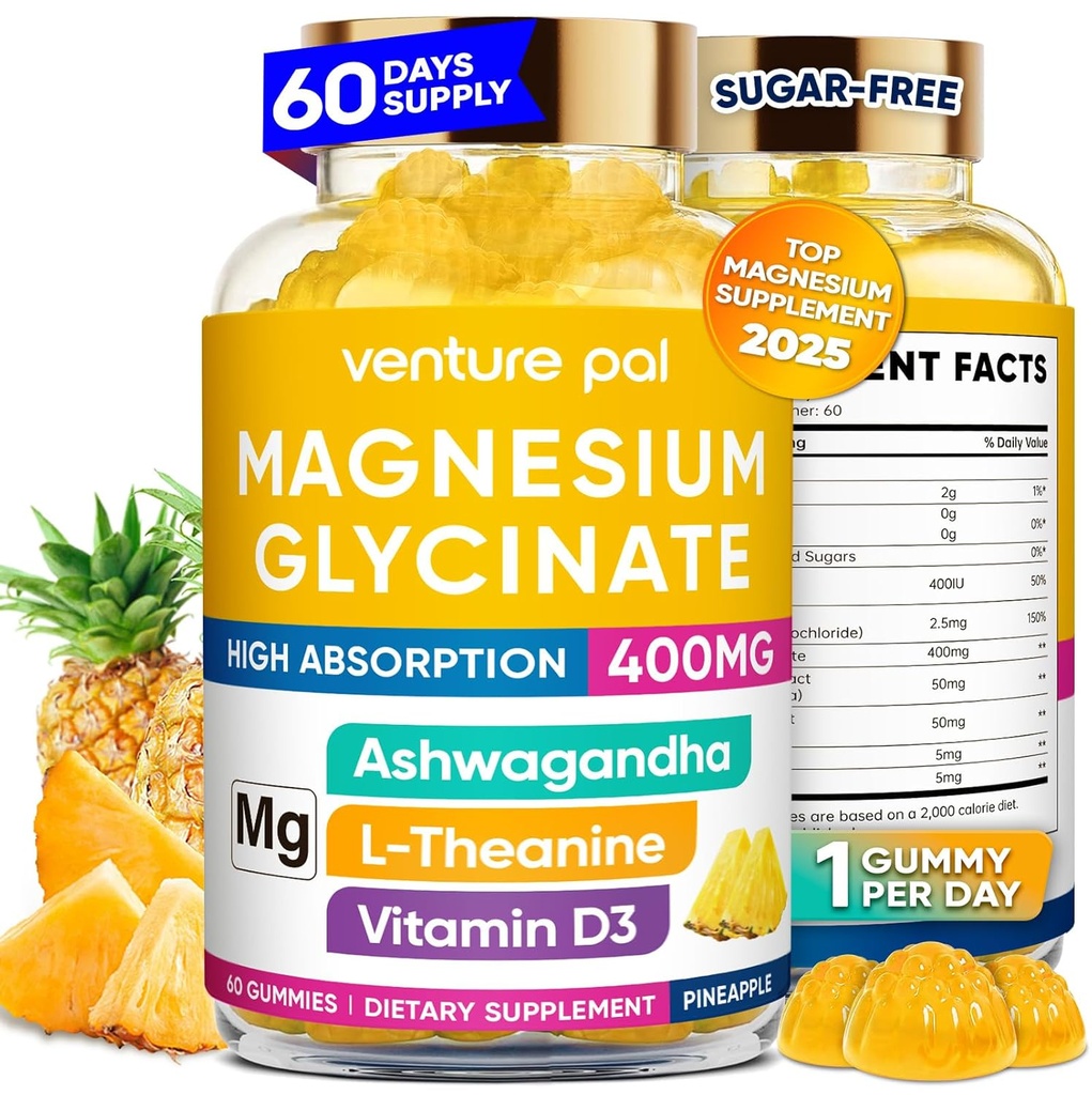 60 päeva pakkumine Magneesiumglütsinaat 400mg Gummies koos ashwagandha, L-Theanine, CoQ10, vitamiin D3 & B6, suhkruvaba magneesiumkummid täiskasvanutele ja lastele, stressi leevendamine, uni ja rahu, vegan, gluteenivaba
