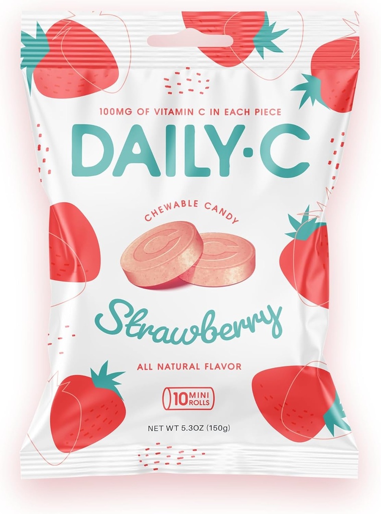 Daily-C näritav C-vitamiin Maasikas närimiskompvekid | 100MG C-vitamiini igas tükis | Ikoonilise kommi poolt teile toodud (maasikas, 5.3oz Peg Bag)