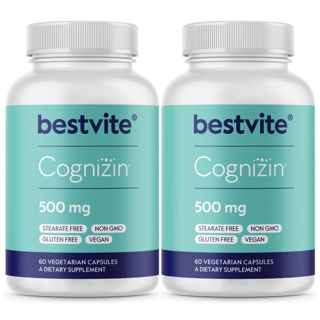 BESTVITE Cognizin Citicoline 500mg (120 taimset kapslit) (60x2) - kliiniliselt uuritud Premium Koliin Nootroopne - Ei Stearates - Vegan - Gluteenivaba - Aju toidulisandid mälu ja fookus