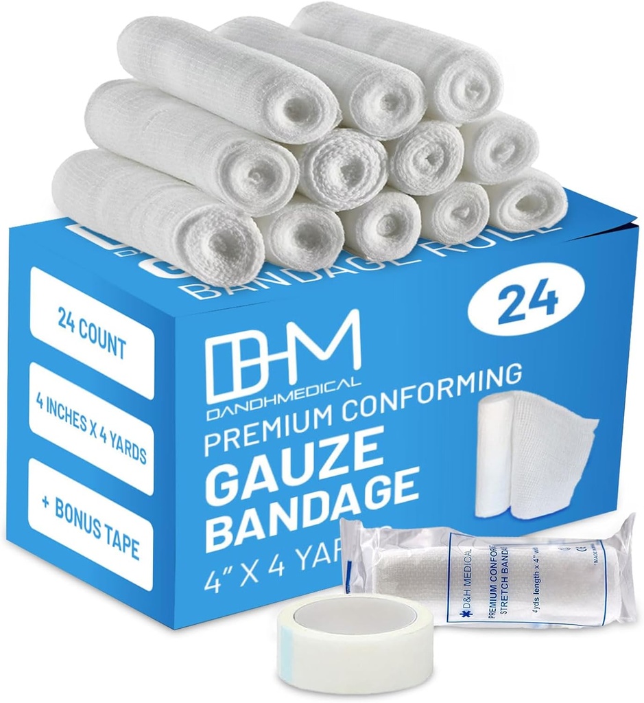 D & H Medical Pack 24 Gauze Bandage Roll 4 tolli x 4 Yards - Medical Gauze Wrap haavade hooldus - lihtne kasutada puuvillane Gauze rullid käsi pahkluude ja põlved