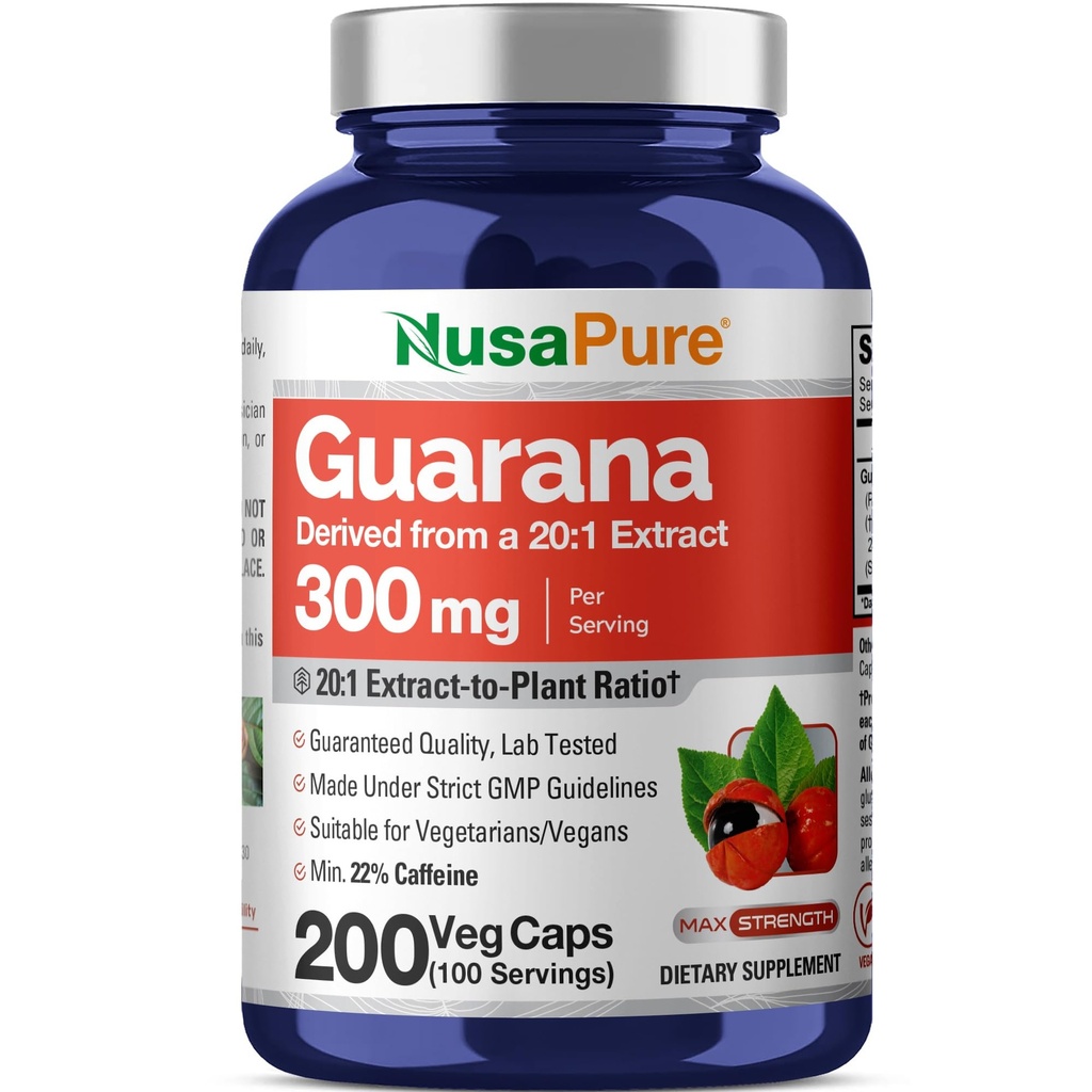 NusaPure Guarana Extract 20: 1 Ekstrakt, 300 mg, mis vastab 6000 mg Veggie Caps 200 Count (Non-GMO, Vegan)