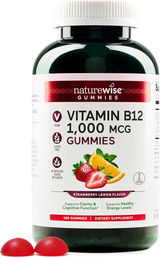 NatureWise Vitamiin B12 Kummid täiskasvanutele, 1000 mcg - maasikas Sidrun Maitse - toetab igapäevast energiat, vaimset selgust, kognitiivset funktsiooni - Vegan, Gluteenivaba, mitte-GMO - 180 Count[3-kuuline pakkumine]