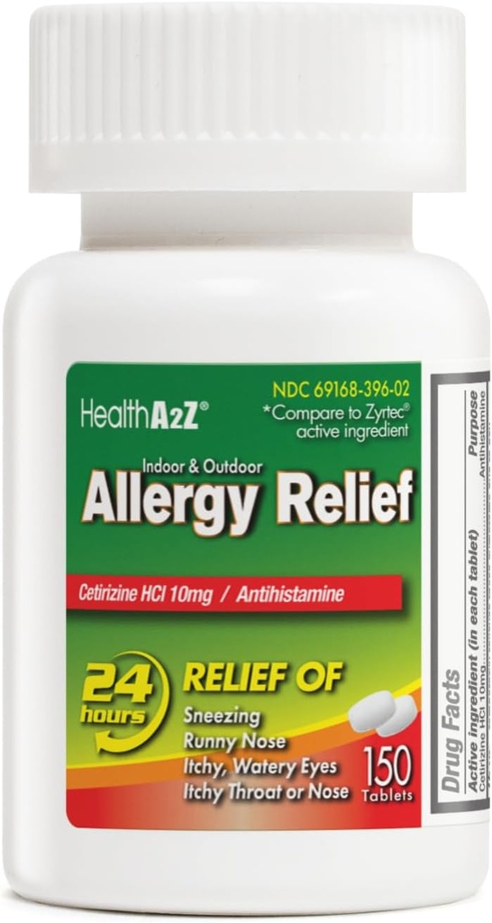 HealthA2Z® Allergia leevendamine | Cetirizine 10mg | All Day Allergy Relief | Sise- ja välitingimustes | Itchy Throat, Aevastamine, Runny Noses (150 Count (1. pakk)