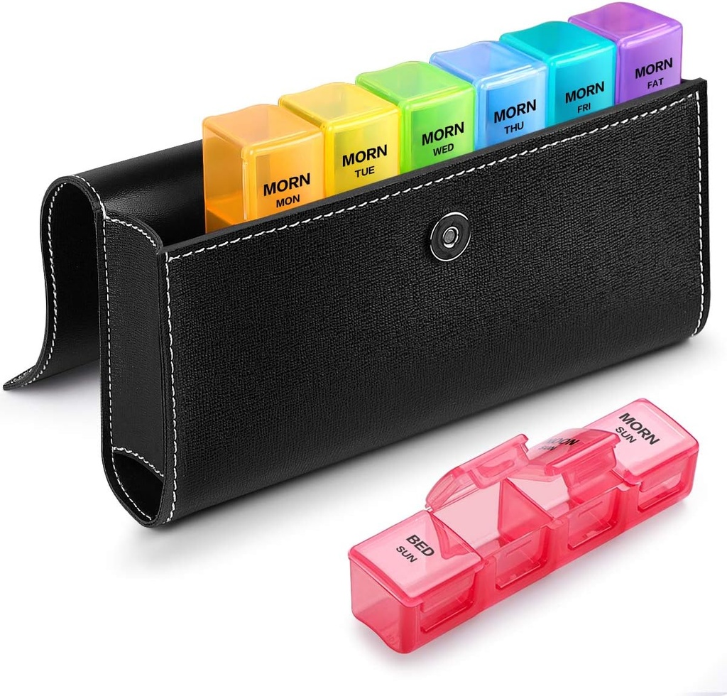 Sukuos Weekly Pill Organizer 4 korda päevas koos PU naha ümbrisega, suur 7-päevane pillide karp (hommikul keskööl voodi), igapäevane pillide juhtum vitamiini / kalaõli / toidulisandite jaoks