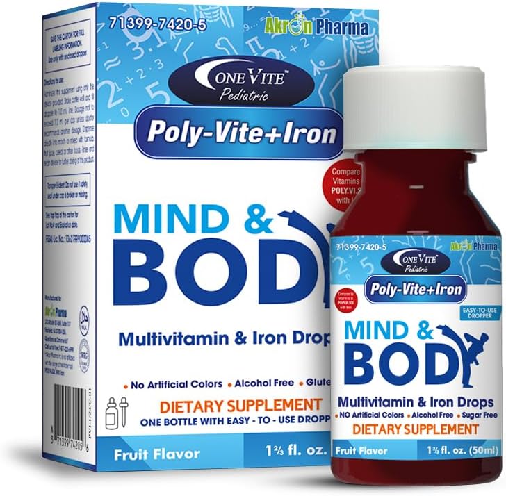 Polü-Vite + raud multivitamiini rauatilgad imikutele ja väikelastele - toetab tugevat kasvu, aju arengut, immuunsüsteemi tervist - kunstlikke värve pole, gluteenivaba, 50 ml tilk pudelit ühe vite poolt