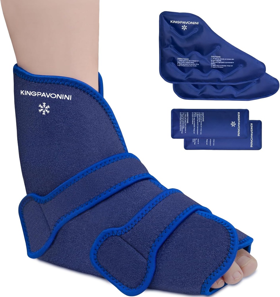 KingPavonini Ankle Jalgade Jääpakend nihkunud hüppeliigese ja kirurgia taastamiseks, korduvkasutatavad geelijääpakendid jalgade vigastusteks, Plantar Fasciitis, Achilleuse tendoniit, kuum / külm ravi (1 Wrap + 4 Gel Packs)