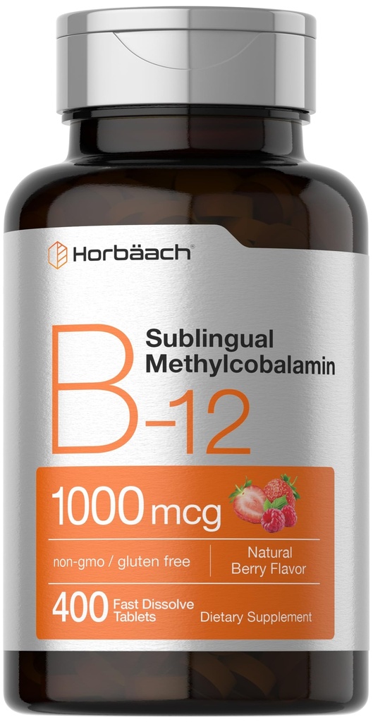 Horbaach Vitamiin B12 1000 mcg Sublingvaalne | 400 kiiret lahustuvat tabletti | Metüülkobalamiini lisand naistele ja meestele | Berry Flavor | Vegan, mitte-GMO ja gluteenivaba