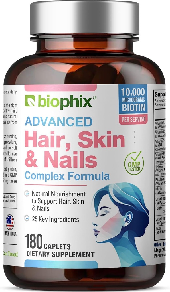 Biophix juuste naha ja küünte kompleks 180 kapslit 10 000 mcg biotiiniga - multivitamiin toetab tugevaid küüneid Ilusad juuksed Tervislik vananemine
