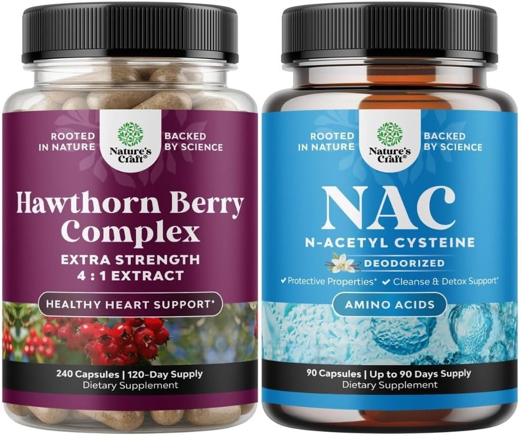 Bundle of High Strength Hawthorn Berry Capsules with Leaf & Flower Extract 4: 1 for Healthy Heart & Digestion and NAC Supplement N- Atsetüül Cysteine 600mg - Glutatiooni Prekursor Maksa puhastamise Detox