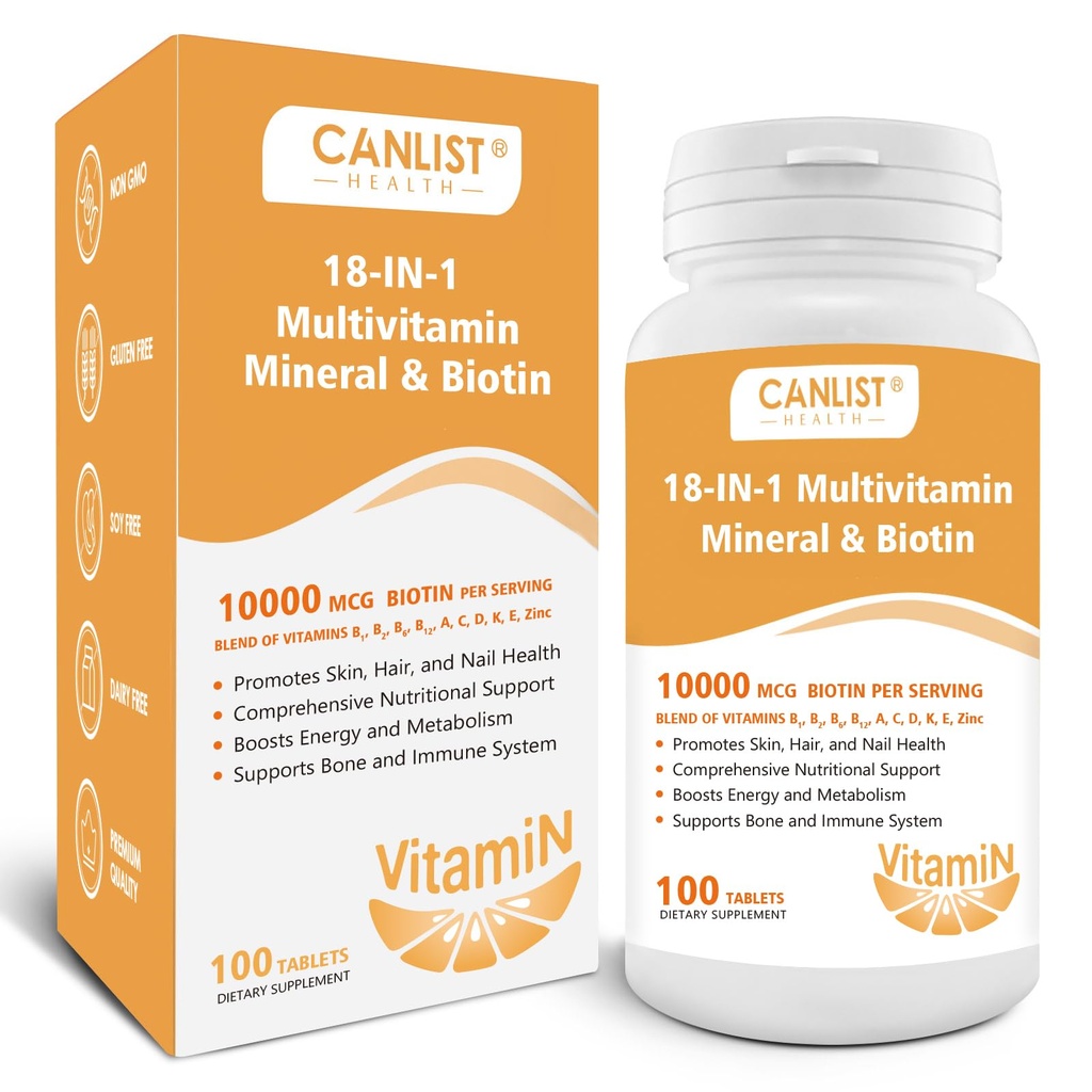 Juuste nahk ja küüned Multi-vitamiin meestele ja naistele, 10000mcg Biotin & Multimineral, sisaldab B-vitamiine, C-vitamiine, E & D3, jälgi mineraale, tsink, gluteenivaba, piimavaba, sojavaba, 100 tabletti