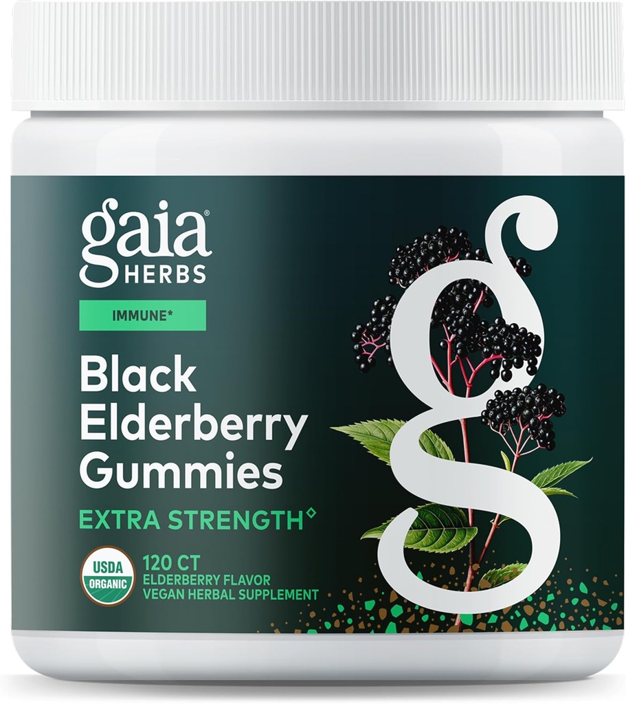 Gaia maitsetaimed Black Elderberry (Sambucus nigra) Extra Tugevus Gummies - Maitsev Immune Support Supplement * - Made with Certified Organic Black Elderberries for Immune System Support * - 120 Gummies