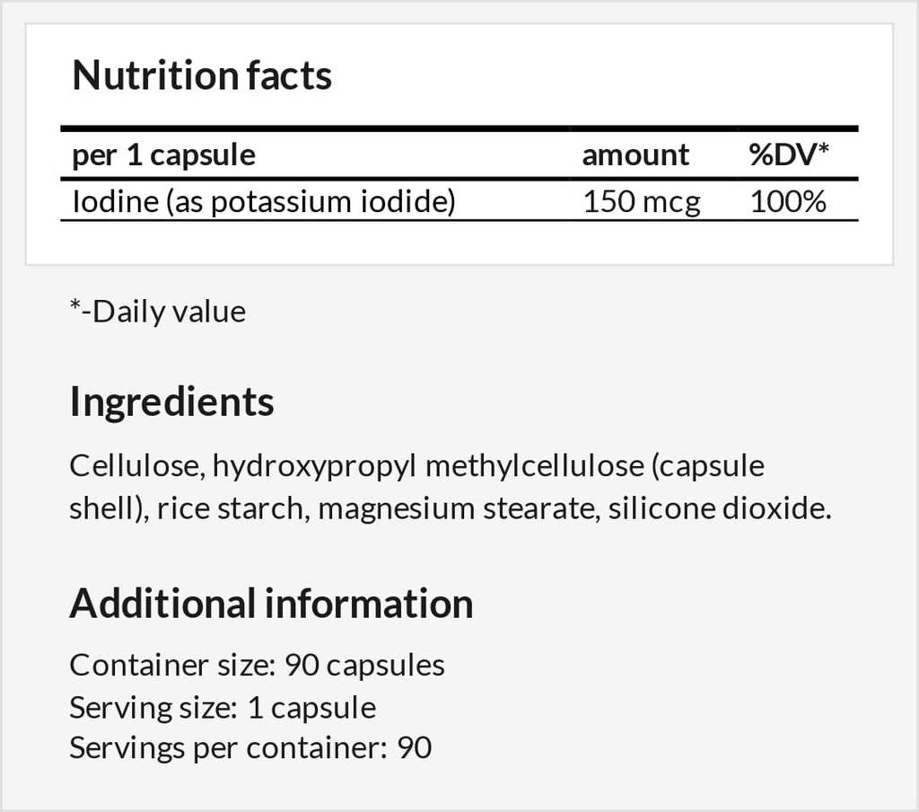 Kaaliumjodiid 150 mcg kapsli kohta - 90 vegankapslit - 3 kuud tarnimine - optimaalse näärme funktsiooni ja energia metabolismi jaoks - Apollo hegemoonia toidulisand
