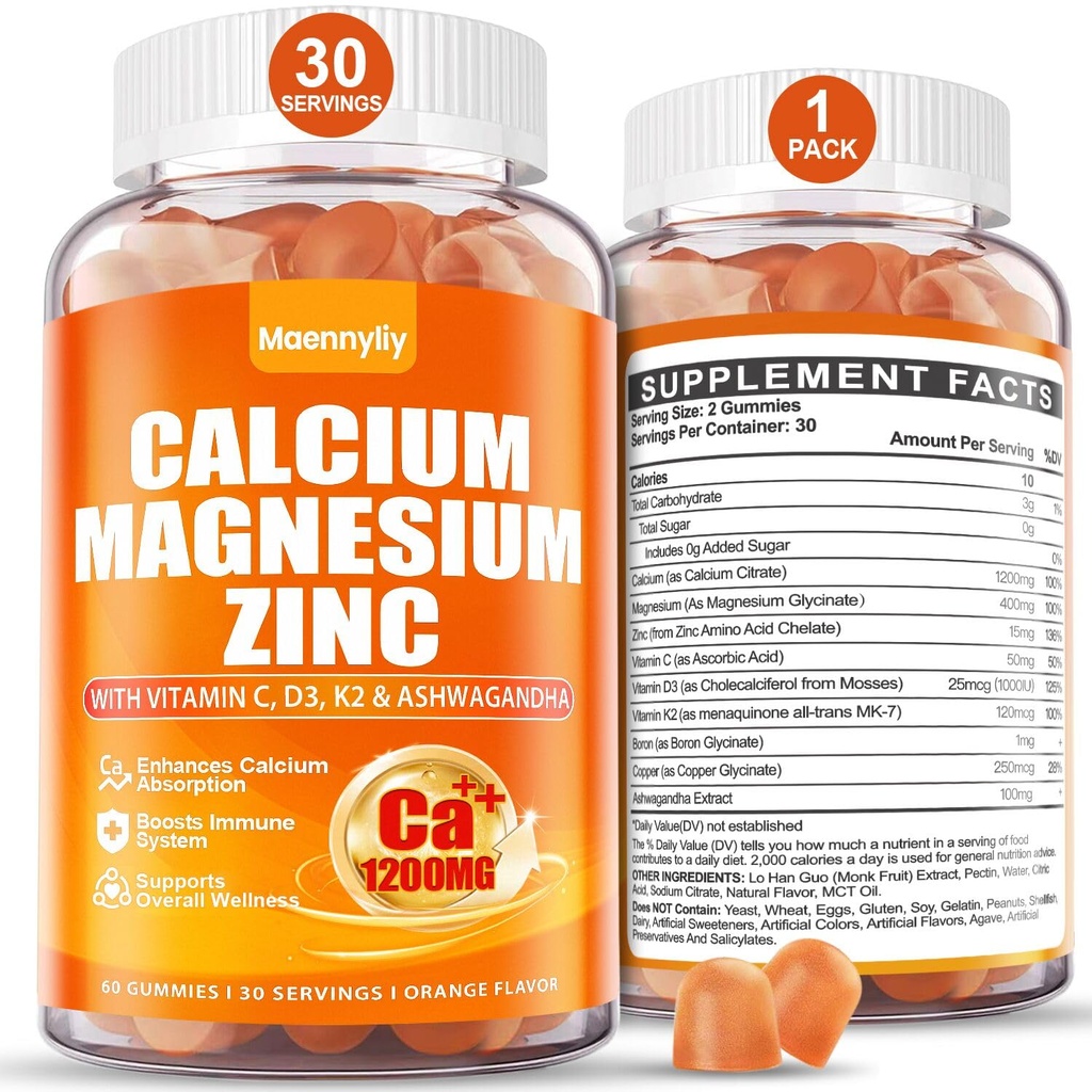 Kaltsium 1200 mg koos D3-vitamiini kummidega täiskasvanutele - kaltsiumtsitraat koos D3-vitamiini K2-ga, magneesium, tsink, boor, vask ja ashwagandha - ekstra imendumine Kaltsiumi lisand naistele meestele