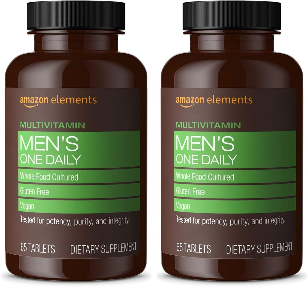 Amazon Elements Men’s One Daily Multivitamin, 62% Whole Food Cultured, Vegan, 65 Tablets, 2 Month Supply (Packaging May Vary) (Pack of 2)