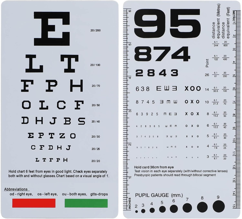 NOYOC 2 Pack Pocket Eye Chart, 2 in 1 Snellen & Rosenbaum Chart, 6.5x3,5 tolli, pihuarvuti kahepoolne plastiline madala nägemise kaart silmaeksamitele (2 Pack 6 Jalg)