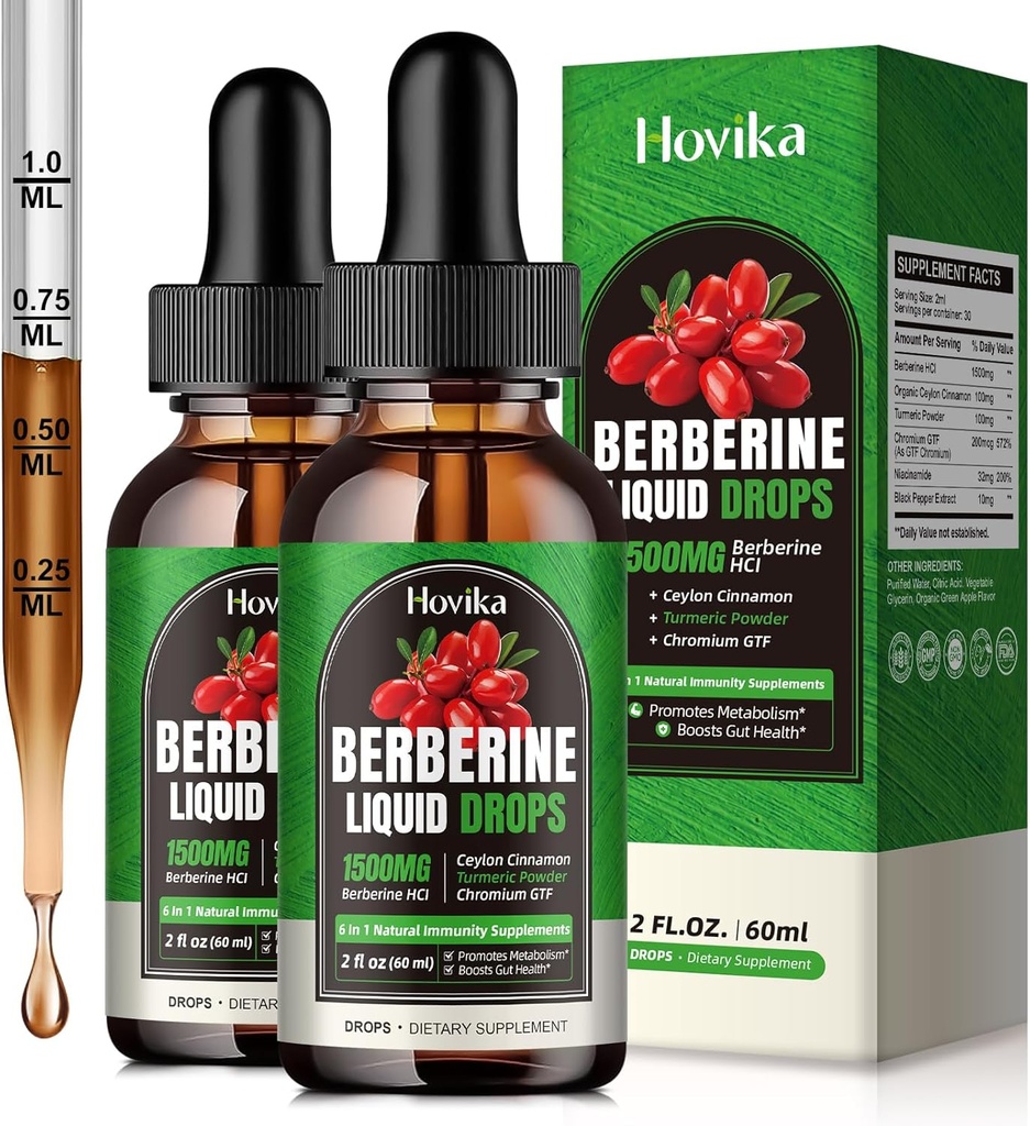 (2 Pack) Berberine HCL vedelad tilgad - 1500 mg berberiini lisand koos tseiloni kaneeli, kroomi, kurkumi, niatsiinamiidiga - toetab ainevahetust ja immuunsüsteemi, soolestiku tervis Vegan