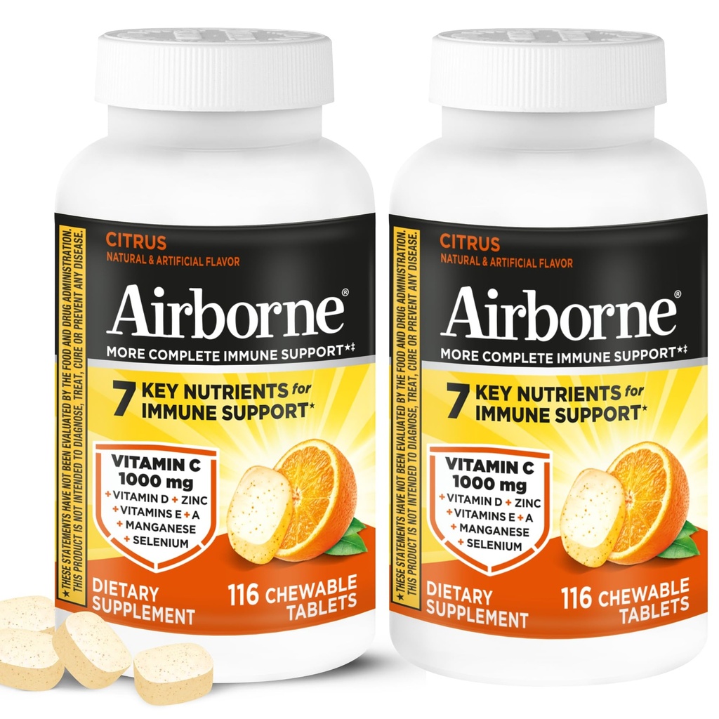 Õhus 1000mg C-vitamiini + tsink Immune Support Supplement närimistablette, tsitrusviljade maitse koos võimsate antioksüdantidega Vitamiinid A C & E, 116 närimistablette (2 pakendit)