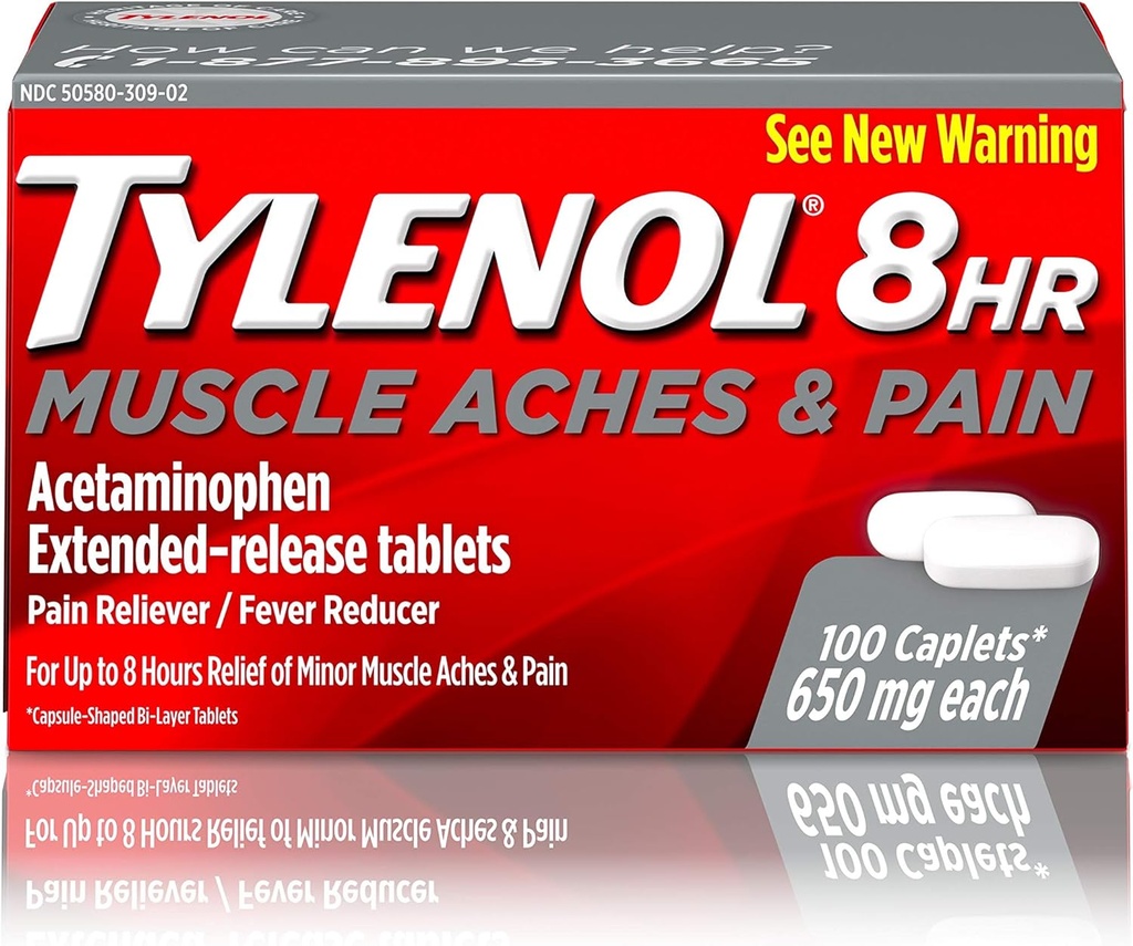Tylenol 8 tundi Lihasvalu ja valu Atsetaminofeeni tabletid lihaste ja liigesevalu jaoks, 100 ct