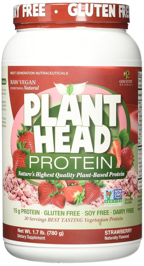 Genceutic Naturals Plant Head Protein Naturally Maitsestatud Parim Maasikas Toores Vegan Vegetarian Valk Toidulisandi Gluten Soja Piimatooted GMO Free – 30 Servings (1,8 Nael)