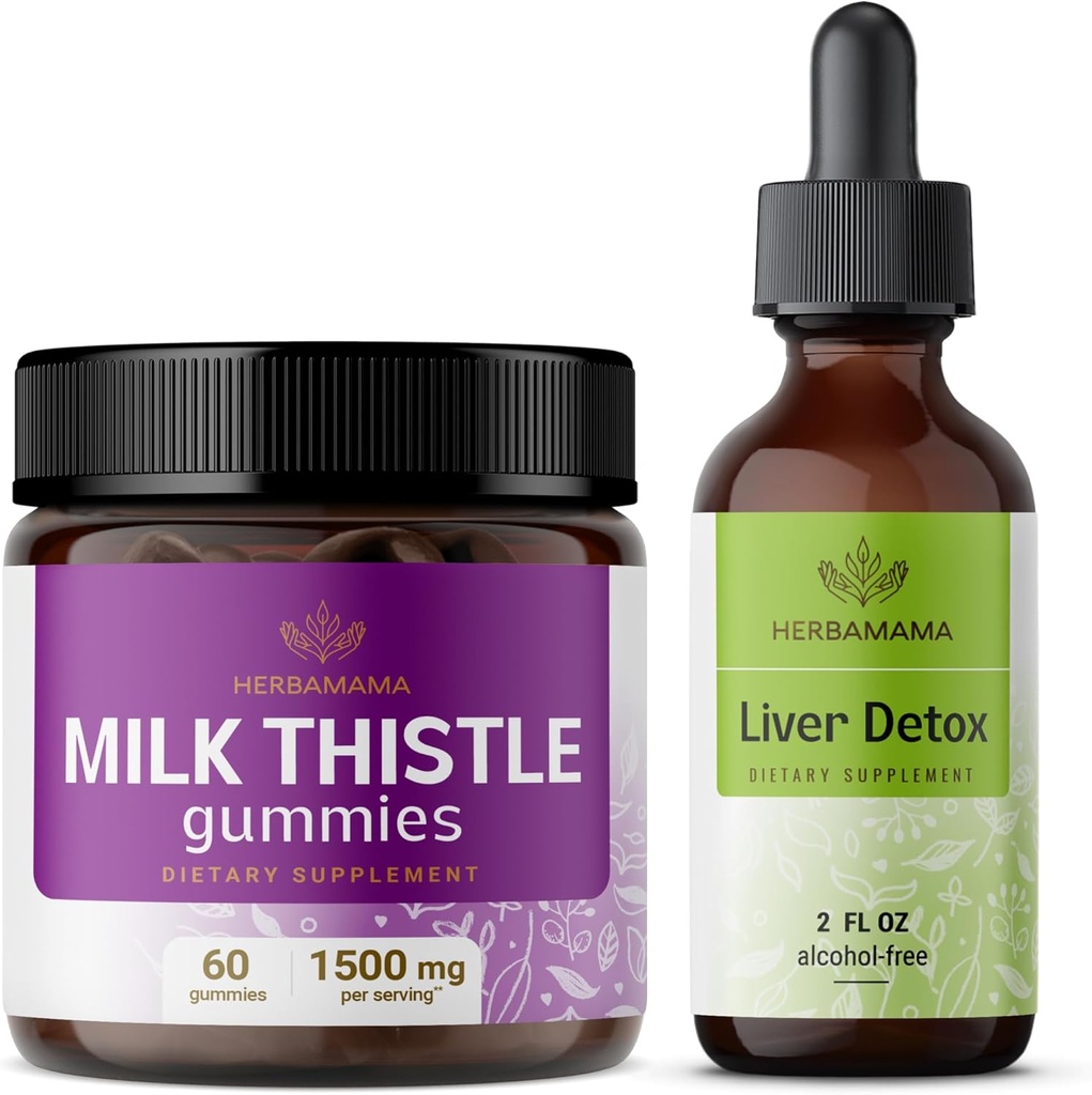 HERBAMAMA Piimaohaka ja Maksa tugikompleksi komplekt - piimaohaka kummide ja maks Detox Vedelikkompleks 4 fl oz - Vegan, GMO-vaba, alkoholivaba - 2 Pack