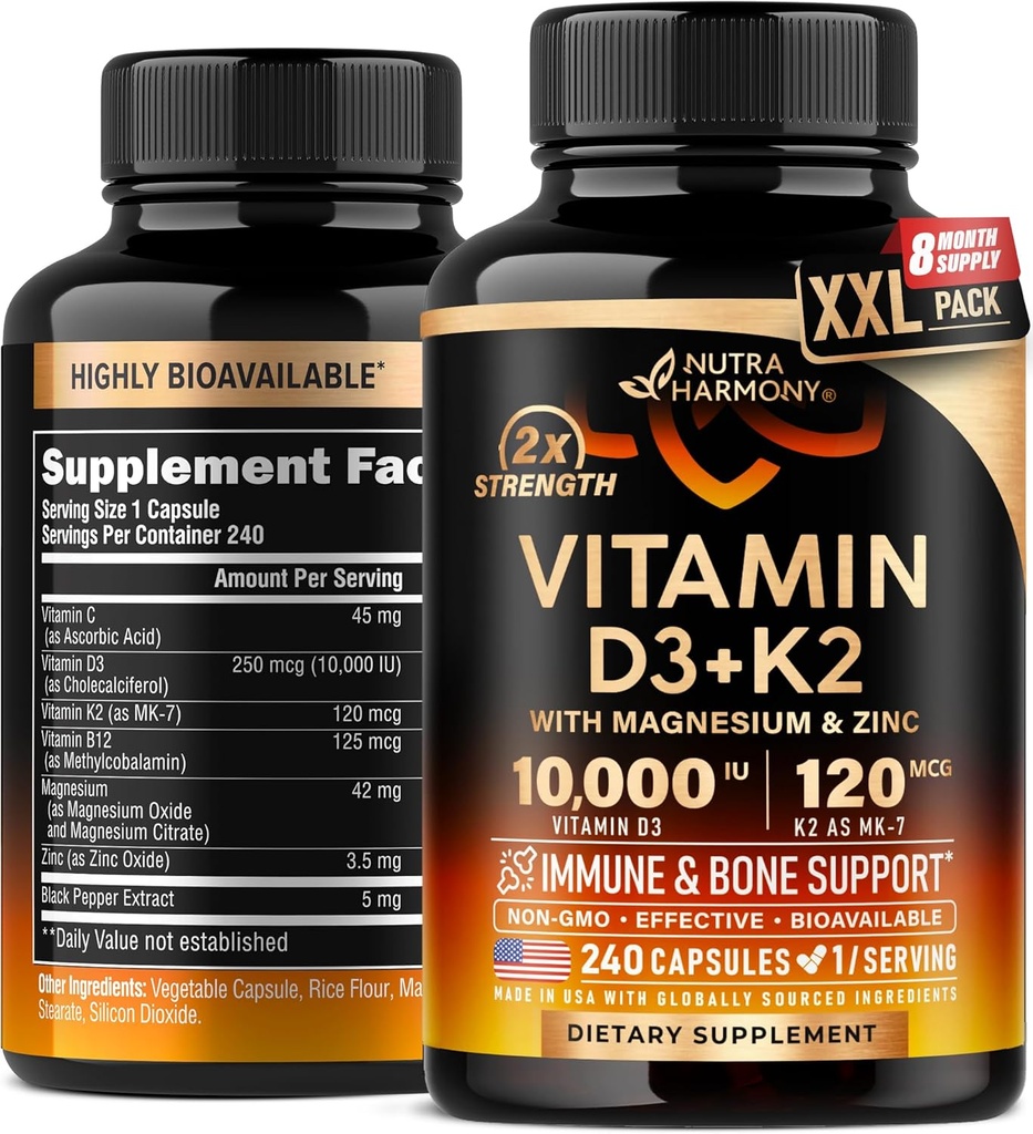 Vitamiin D3 K2 - Vitamiin D3 10000 iu & K2 kui MK-7 120 mcg - Immuunsuse ja meeleolu tugi, luude ja hammaste tervise jaoks - magneesiumi, tsingi ja C-vitamiini & B12 - väga biosaadav - valmistatud USAs, 240 kapslit