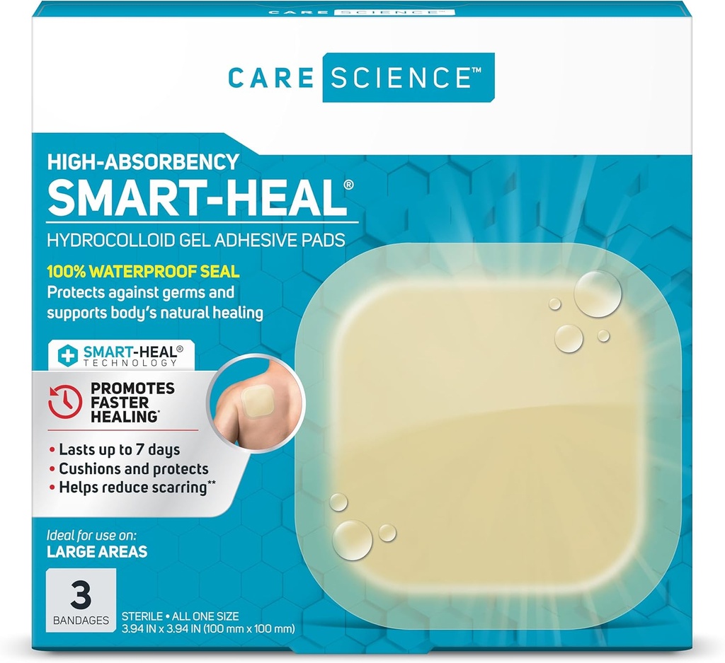 Care Science Smart Heal Hydrocolloid Bandages, Extra Large | 100% veekindel tihend (4 in x 4 in, 3CT)