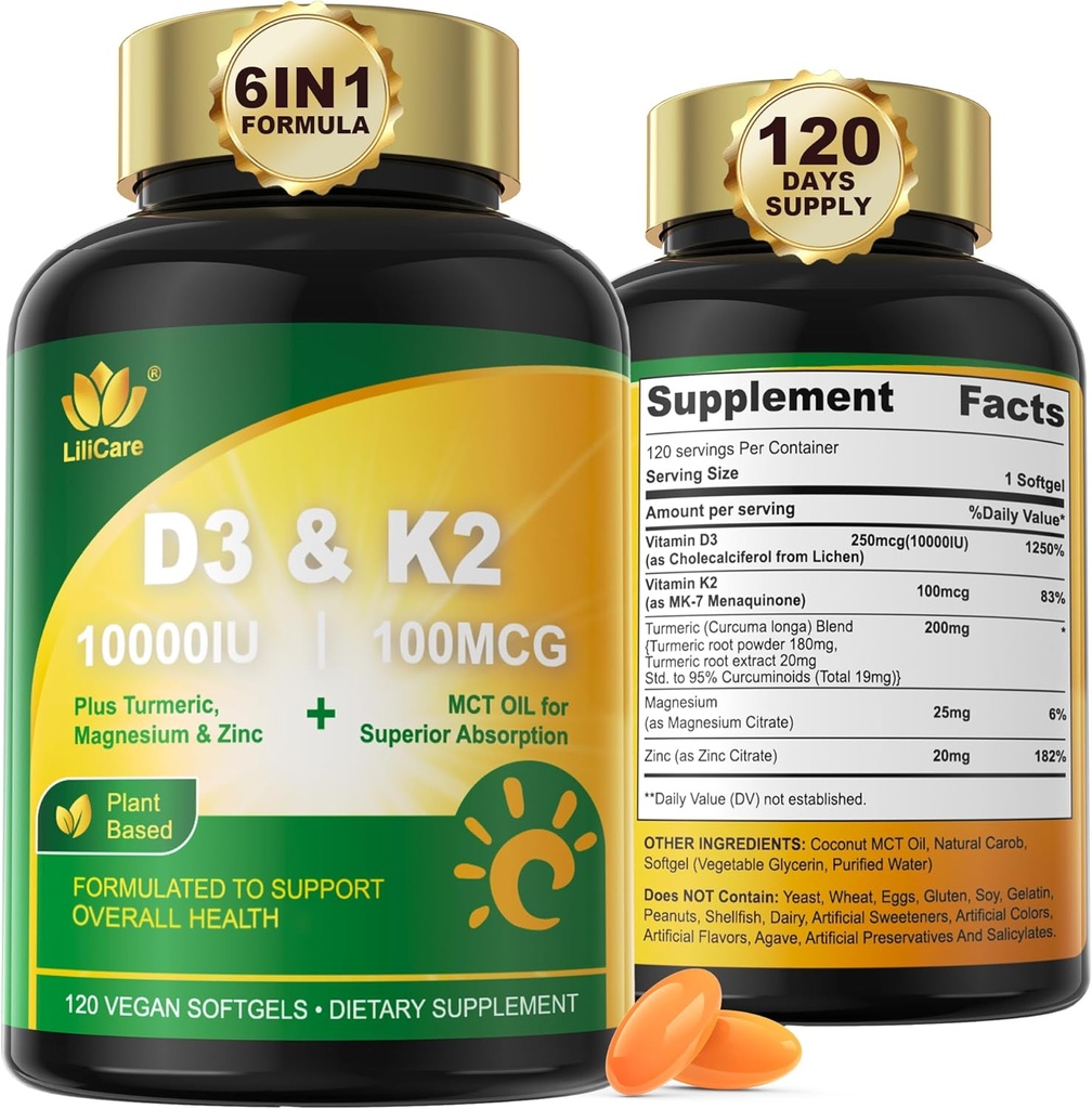 Vitamiin D3 10000 IU Plus K2 (MK-7) 100mcg, vegan Vitamiin D3 K2 kurkumi, magneesiumi ja tsink kaltsiumi imendumiseks, luu ja immuunsüsteemi tervis, kookosõli suure imendumisega, lihtne neelata, 120 Ct