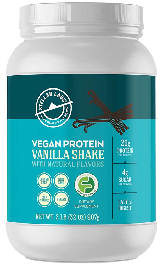 Stellar Labs Vegan Valgu Pulber BCAA & Antioksüdantidega | Sertifitseeritud Madala FODMAPi, Mitte-GMO, Gluteenivaba, Sojavaba, Madala Süsivesikusisaldusega, Steviaga | Lean Plant Based Protein Powder Shakes | Vanilla